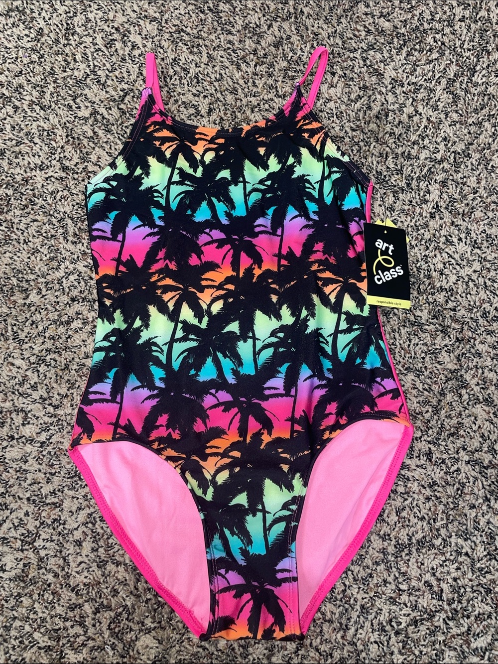 art class Neon Palm Print One-Piece Swimsuit - Black & Pink Girls 10/12 NWT
